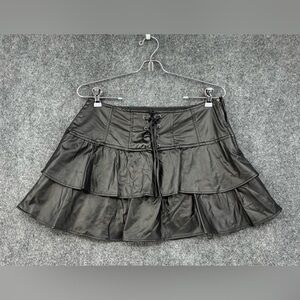 Miss London Black Micro Mini Skirt Tie Front Ruffle Women’s L Goth Steampunk Y2K